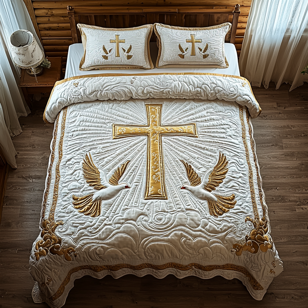 Christian Cross Light Quilted Bedding Set Duvet Cover Merch Christian Christmas Gifts For Mom