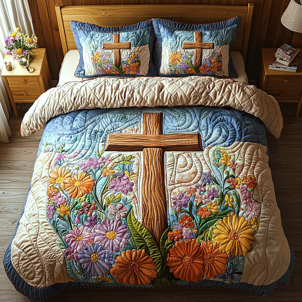 Christian Cross Path Quilted Bedding Set Duvet Cover Merch Religious Christian Christmas Gifts For Her