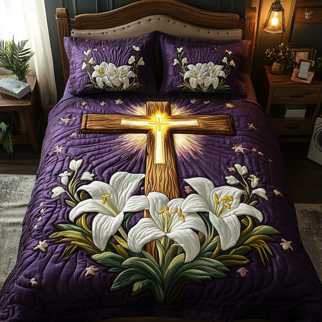 Classic Cross Quilted Bedding Set Duvet Cover Merch Religious Gift For Him