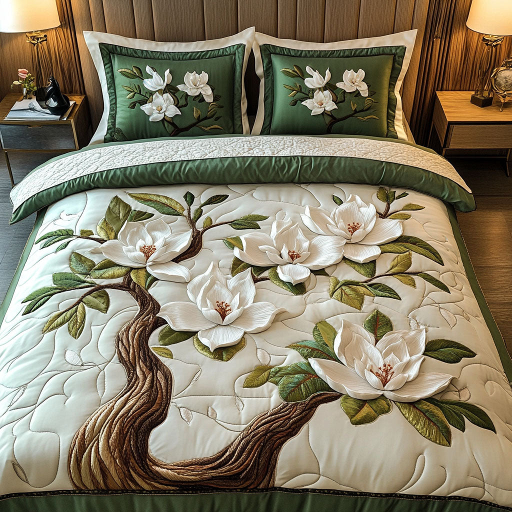 Classic Magnolia Green Quilted Bedding Set Duvet Cover Bed Sheet Set Flower Presents