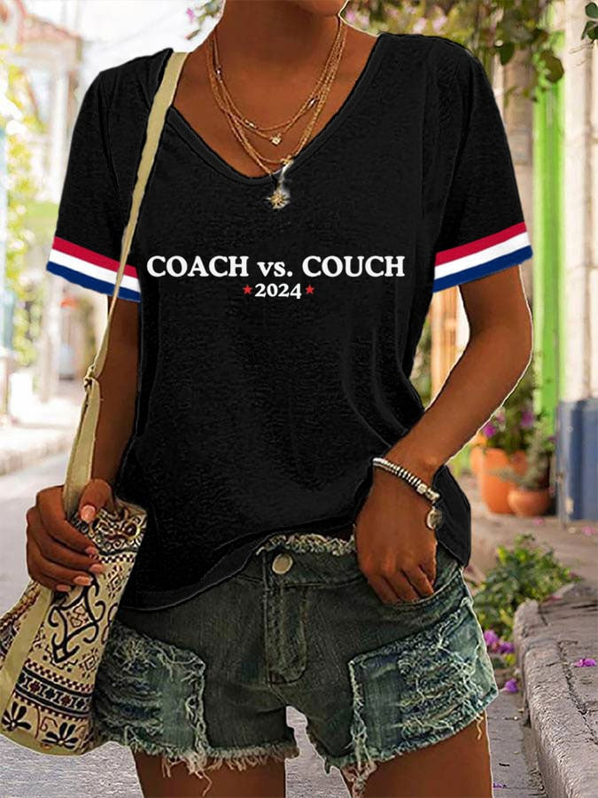 Coach vs Couch 2024 V-neck T-Shirt Tim Walz Vs JD Vance Political Campaign Clothing Coach vs Couch 2024 V-neck T-Shirt Tim Walz Vs JD Vance Political Campaign Clothing
