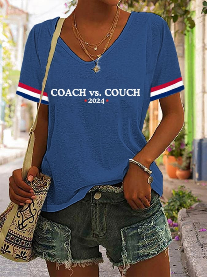 Coach vs Couch 2024 V-neck T-Shirt Tim Walz Vs JD Vance Political Campaign Clothing Coach vs Couch 2024 V-neck T-Shirt Tim Walz Vs JD Vance Political Campaign Clothing