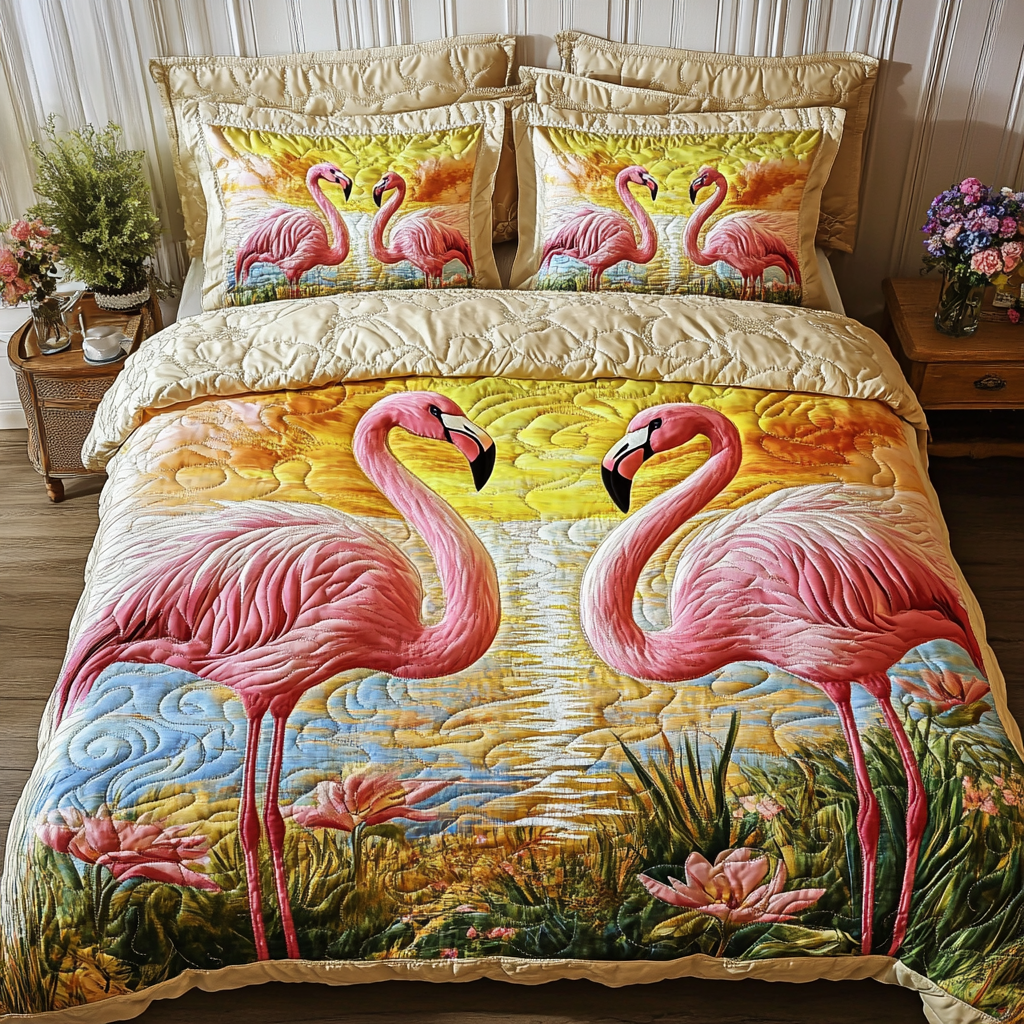Coastal Sunset Quilted Bedding Set Duvet Cover Merch Pink Flamingo Gifts Coastal Sunset Quilted Bedding Set Duvet Cover Merch Pink Flamingo Gifts