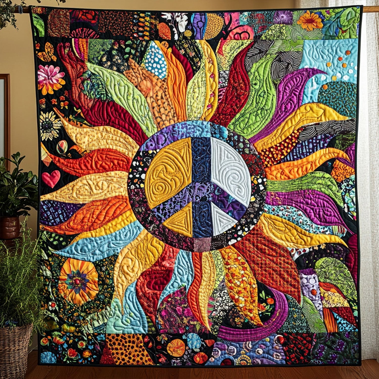 Color Burst Peace Quilted Blanket Cute Colorful Blanket Hippie Gifts For Him Color Burst Peace Quilted Blanket Cute Colorful Blanket Hippie Gifts For Him