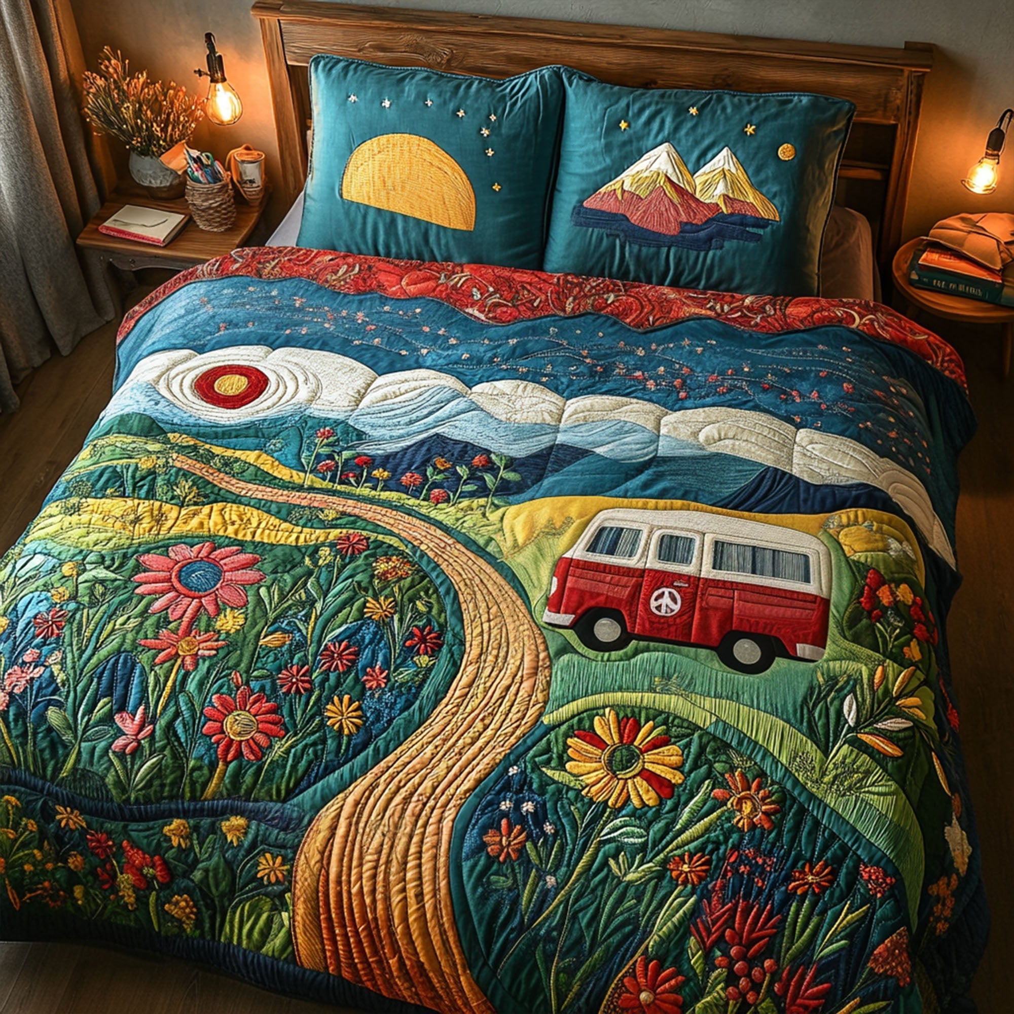 Colorful Peace Caravan Quilted Bedding Set Duvet Cover Bedspread Gift Ideas For Hikers And Campers Colorful Peace Caravan Quilted Bedding Set Duvet Cover Bedspread Gift Ideas For Hikers And Campers