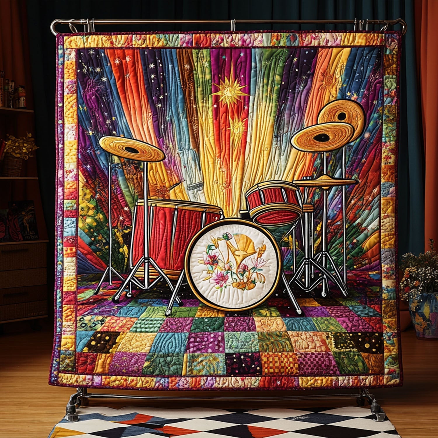 Colorful Symphony Quilted Blanket Cute Throw Blanket Drummer Gifts For Him Colorful Symphony Quilted Blanket Cute Throw Blanket Drummer Gifts For Him