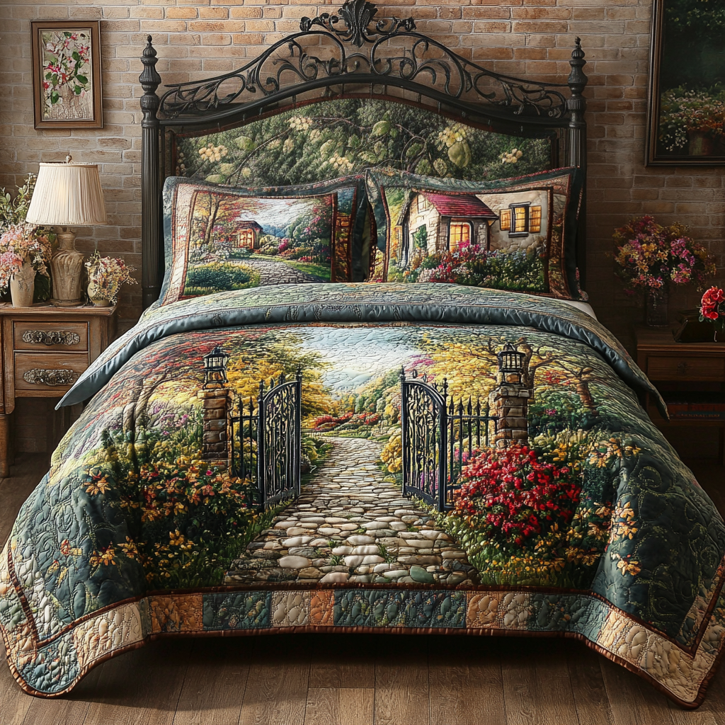 Cottage Pathway Set Quilted Bedding Set Duvet Cover Bed Sheet Set Best Gifts For Flower Lovers Cottage Pathway Set Quilted Bedding Set Duvet Cover Bed Sheet Set Best Gifts For Flower Lovers