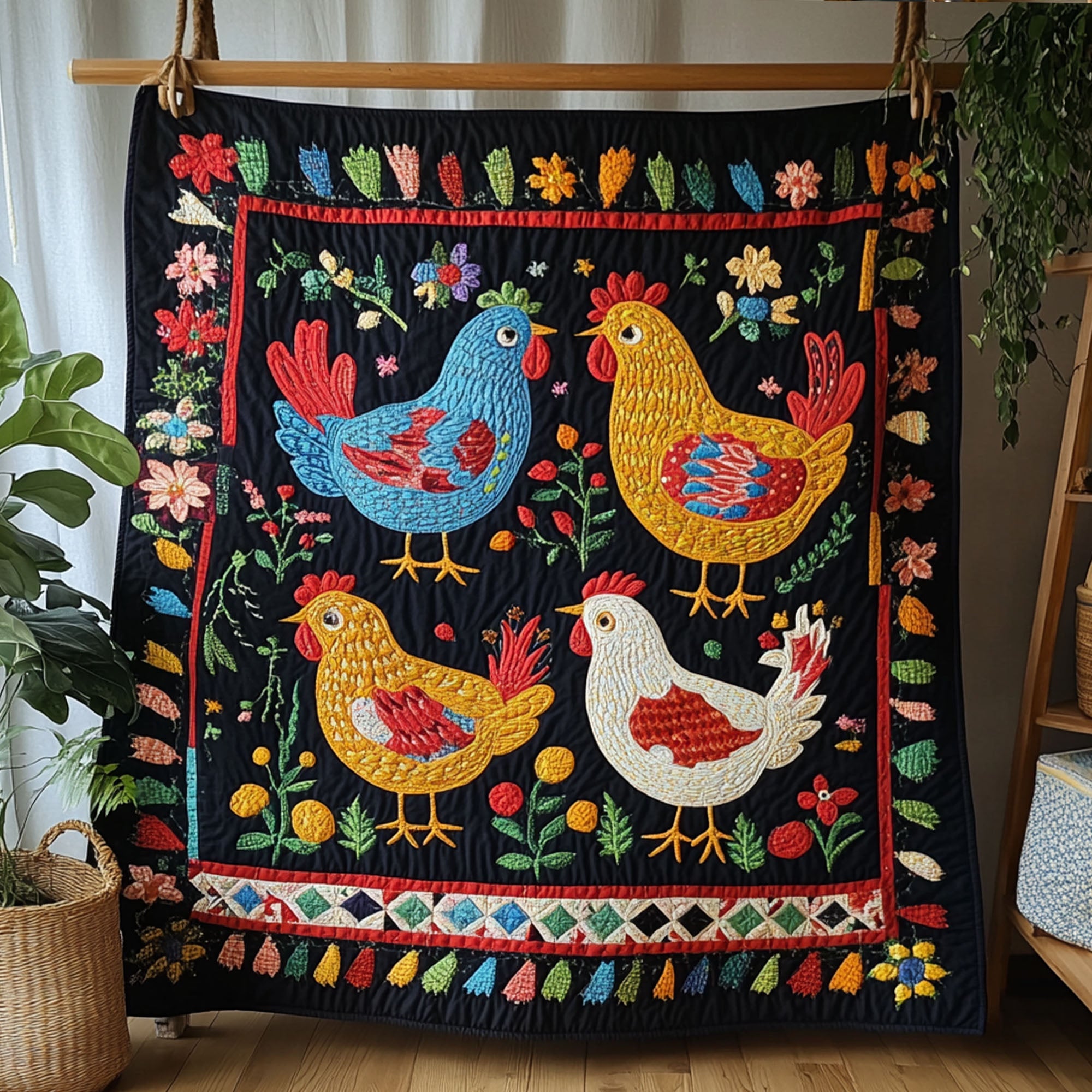 Country Feathered Friends Quilted Blanket Cute Colorful Blanket Chicken Novelty Gifts Country Feathered Friends Quilted Blanket Cute Colorful Blanket Chicken Novelty Gifts