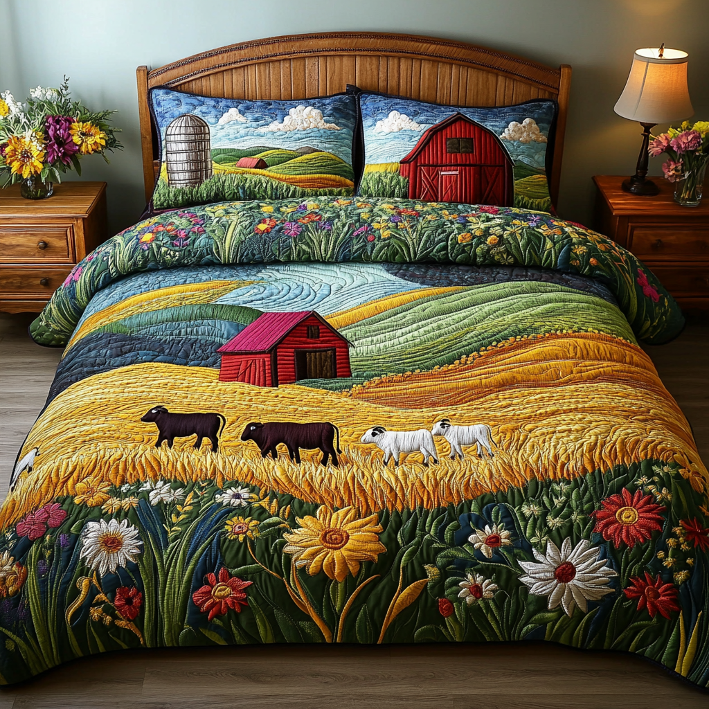 Country View Quilted Bedding Set Duvet Cover Bedspread Presents For Farmer Dads