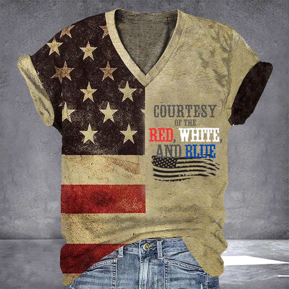Courtesy Of The Red White And Blue V-Neck Shirt Womens Patriotic Apparel Courtesy Of The Red White And Blue V-Neck Shirt Womens Patriotic Apparel