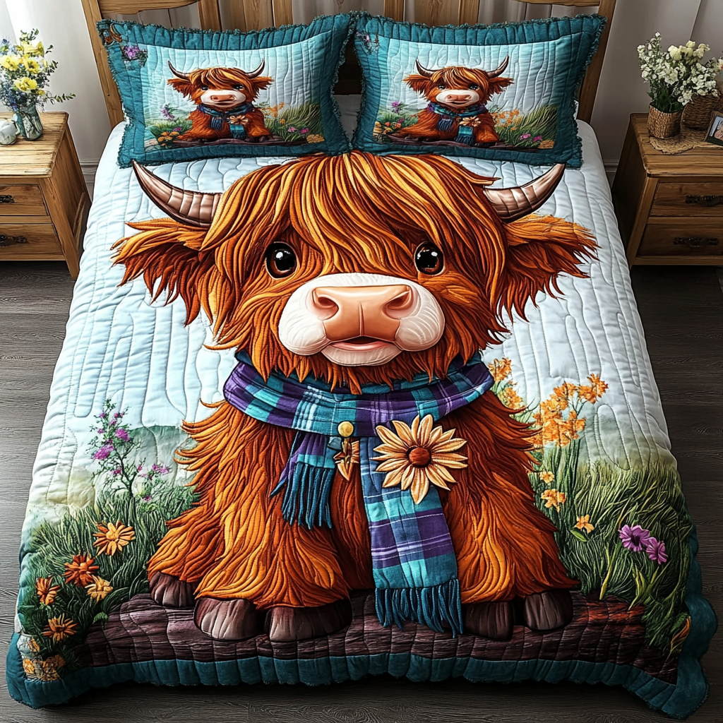 Cow Blossom Quilted Bedding Set Duvet Cover Bedspread Highland Cow Gifts For Her Cow Blossom Quilted Bedding Set Duvet Cover Bedspread Highland Cow Gifts For Her