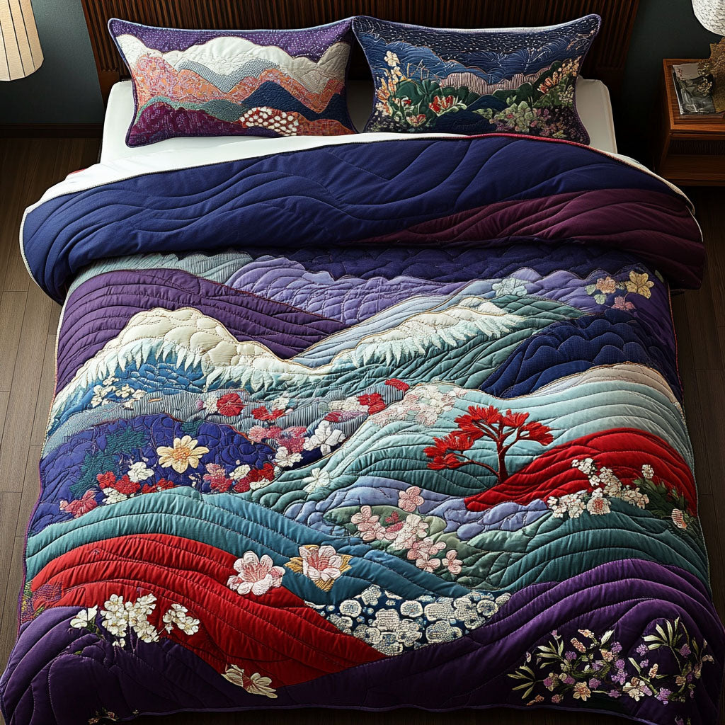 Crimson Cherry Quilted Bedding Set Duvet Cover Bed Sheet Set Fuji Mountain Japanese Gifts