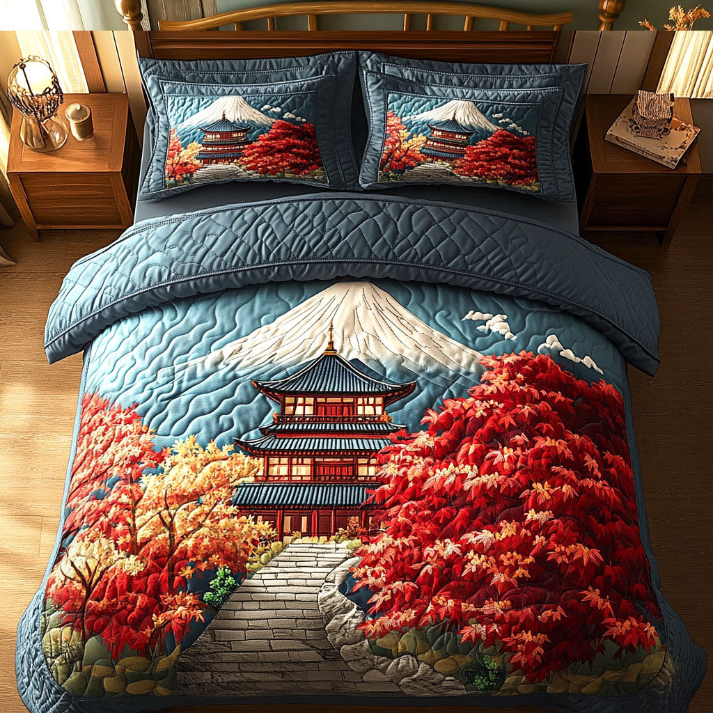 Crimson Pagoda Quilted Bedding Set Duvet Cover Bedspreads Fuji Mountain Japanese Gifts
