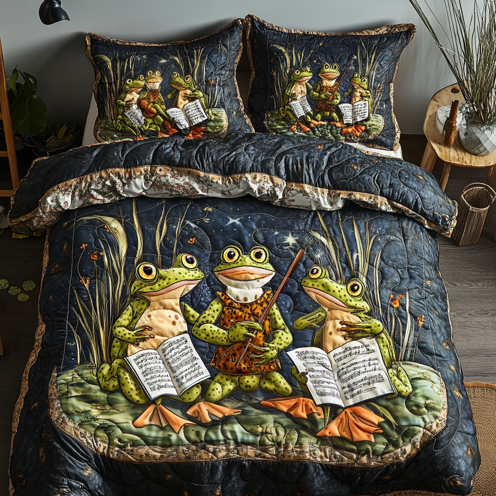 Croak Harmony Quilted Bedding Set Duvet Cover Bed Sheet Set Frog Items For Gifts