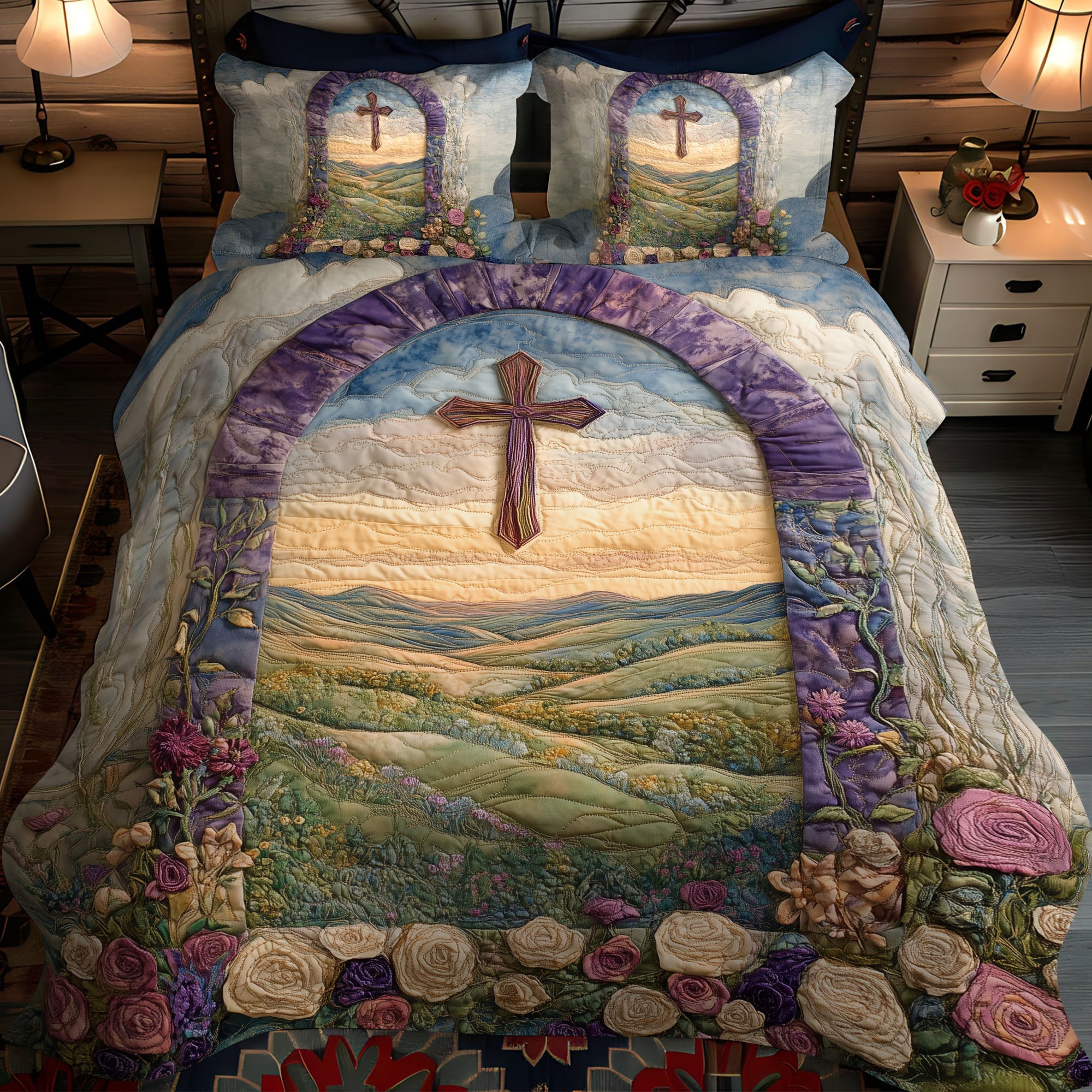Cross of Hope and Faith Quilted Bedding Set Duvet Cover Bed Sheet Set Faith Based Christmas Gifts