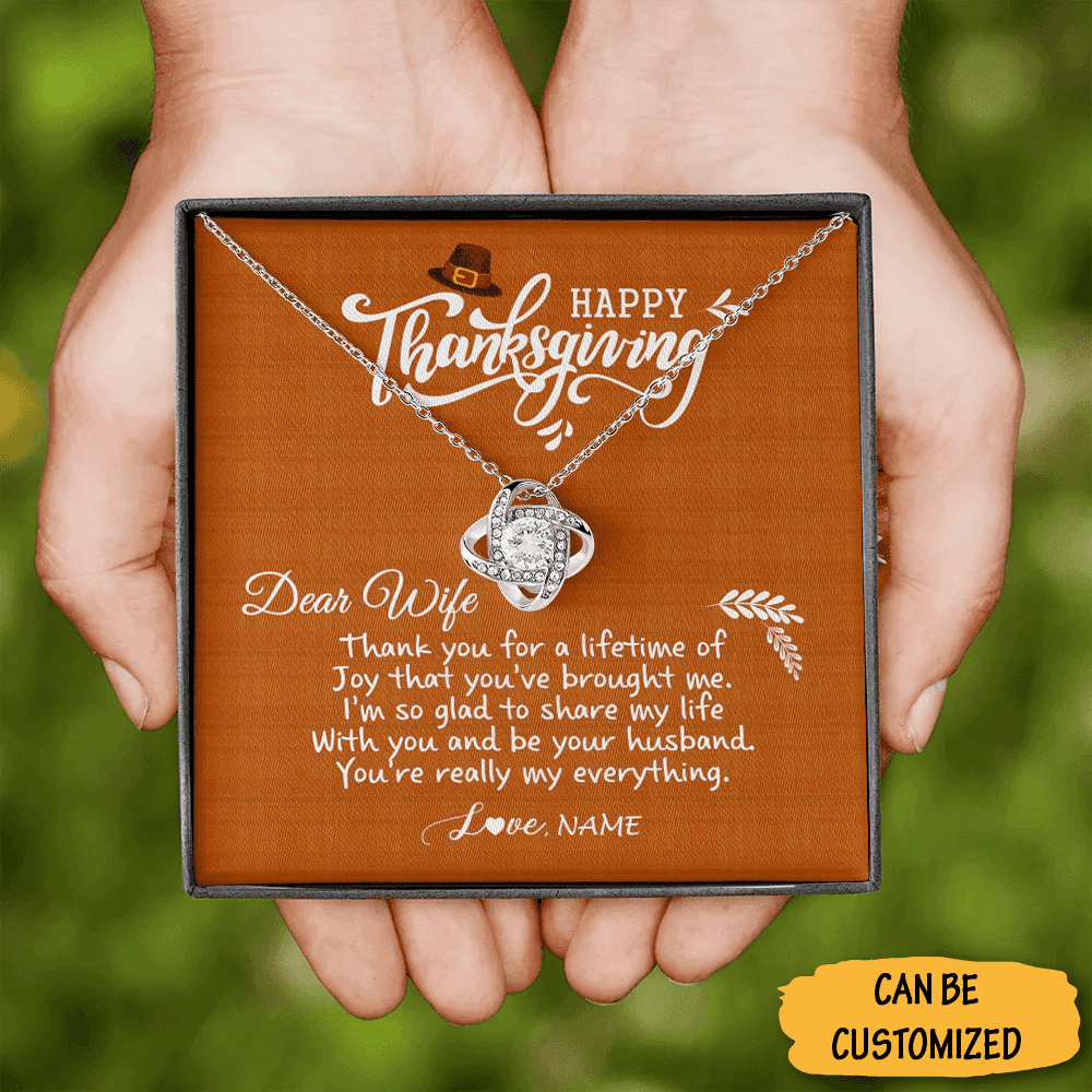Custom Dear Wife Happy Thanksgiving Necklace Love Knot Pendant Silver Necklace Thanksgiving Gift For Wife Custom Dear Wife Happy Thanksgiving Necklace Love Knot Pendant Silver Necklace Thanksgiving Gift For Wife