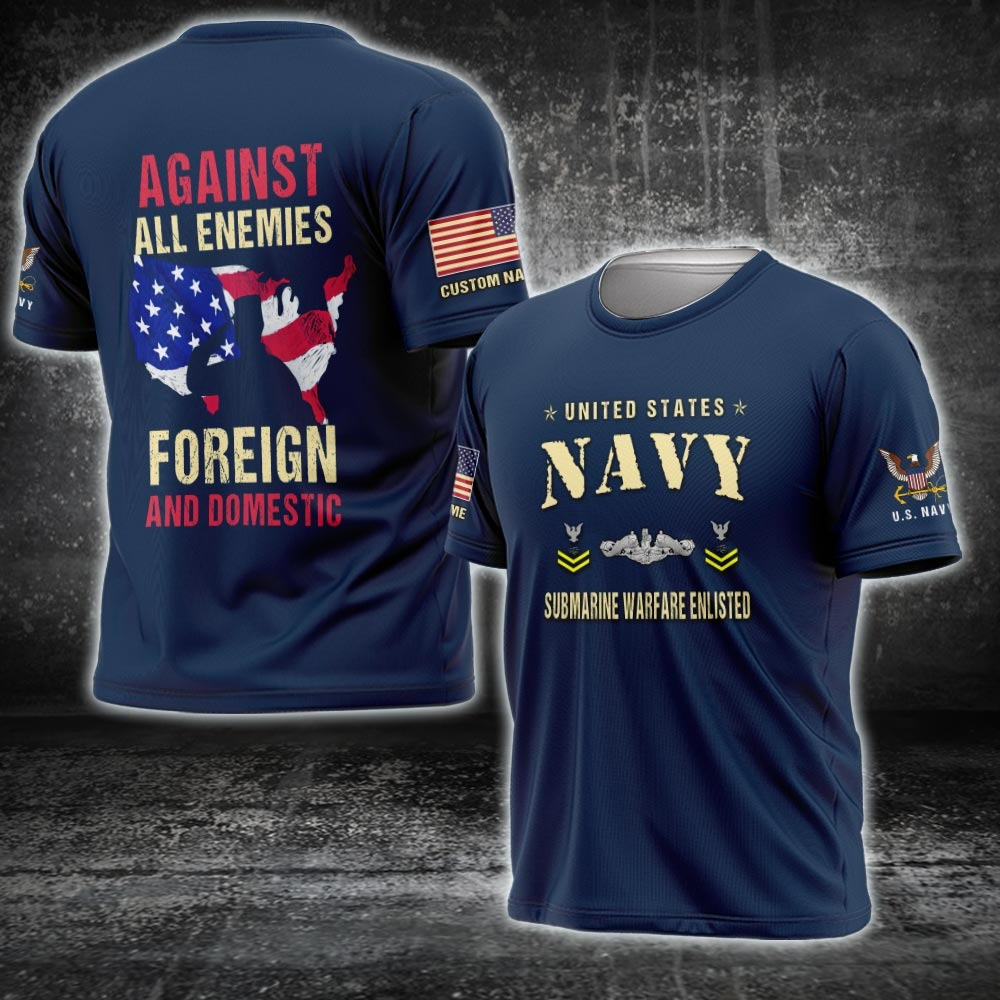 Custom US Navy Badge Shirt Submarine Warfare Enlisted Navy T-Shirt Against All Enemies Custom US Navy Badge Shirt Submarine Warfare Enlisted Navy T-Shirt Against All Enemies
