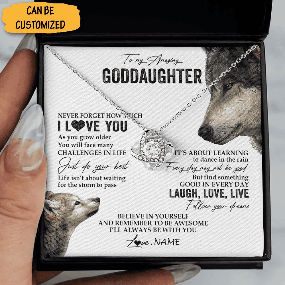 Custom Wolf To My Goddaughter Necklace Silver Love Knot Necklace Keepsake Goddaughter Communion Gifts Custom Wolf To My Goddaughter Necklace Silver Love Knot Necklace Keepsake Goddaughter Communion Gifts