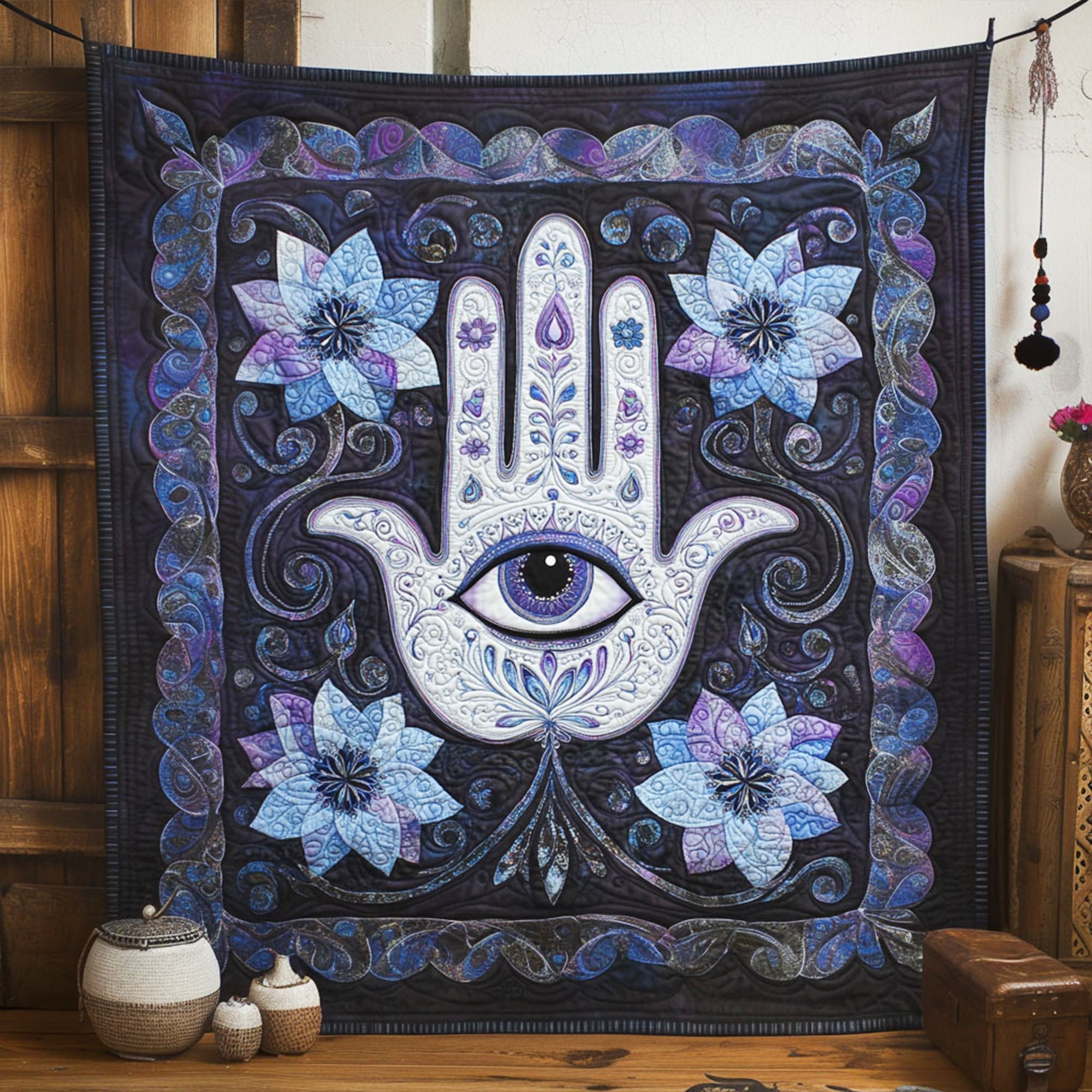 Divine Shield Quilted Blanket Sofa Throw Blanket Hamsa Hand Lotus Mandala Gifts