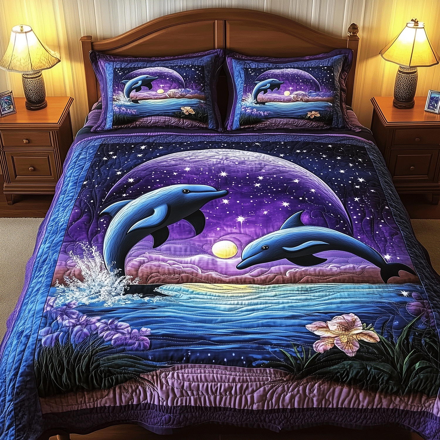 Dolphin Bay Bliss Quilted Bedding Set Duvet Cover Bedspread Dolphin Gift Ideas For Her