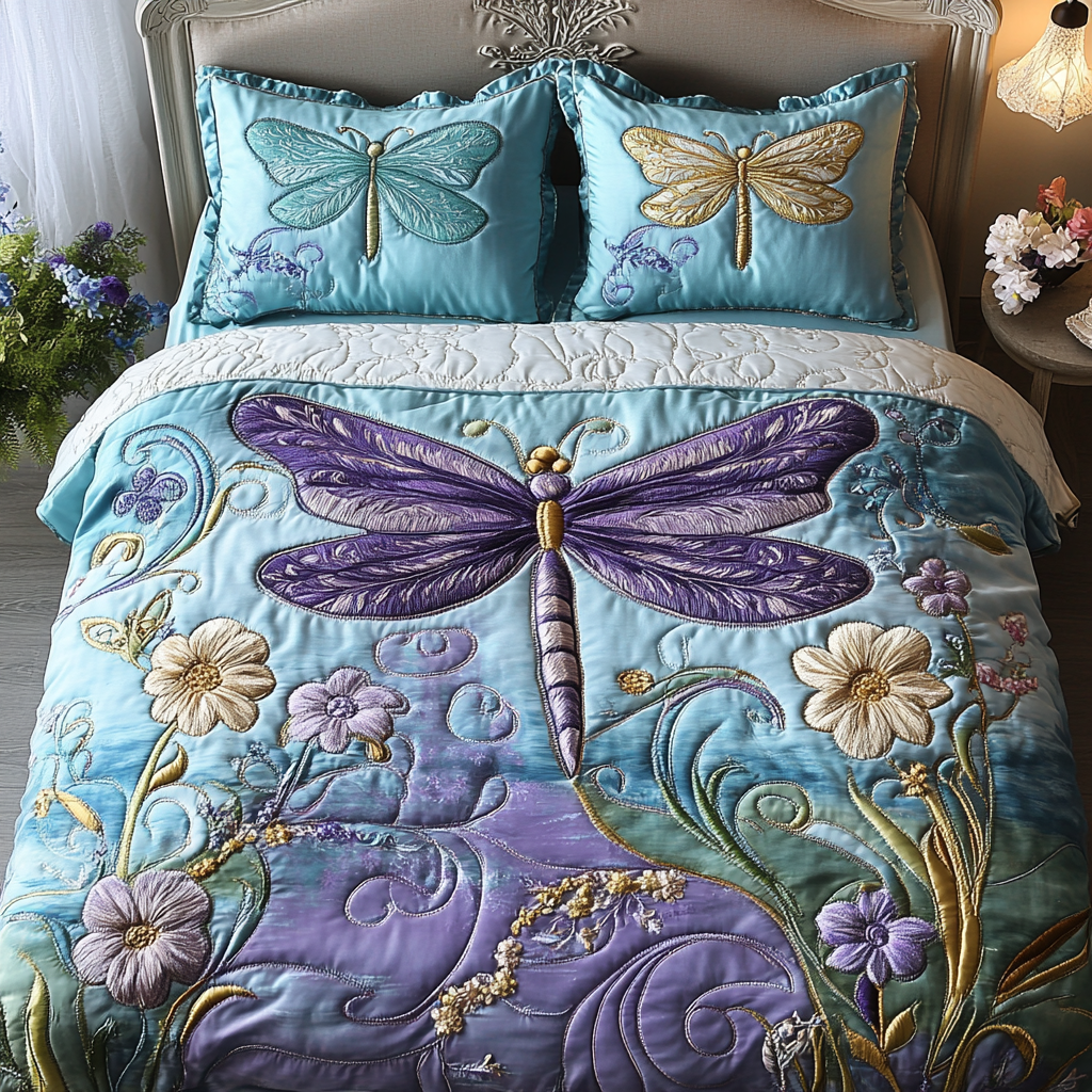 Dragon Bloom Quilted Bedding Set Duvet Cover Merch Great Dragonfly Lover Gift Ideas