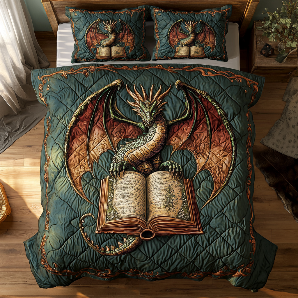 Dragon Scroll Quilted Bedding Set Duvet Cover Bedspreads Gift For Dragon Lover