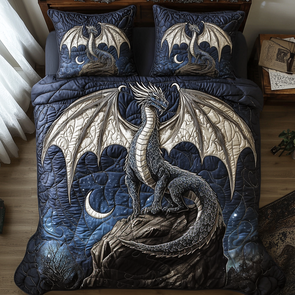 Dragon Silver Moon Quilted Bedding Set Duvet Cover Bedspreads Best Gift For Dragon Lovers