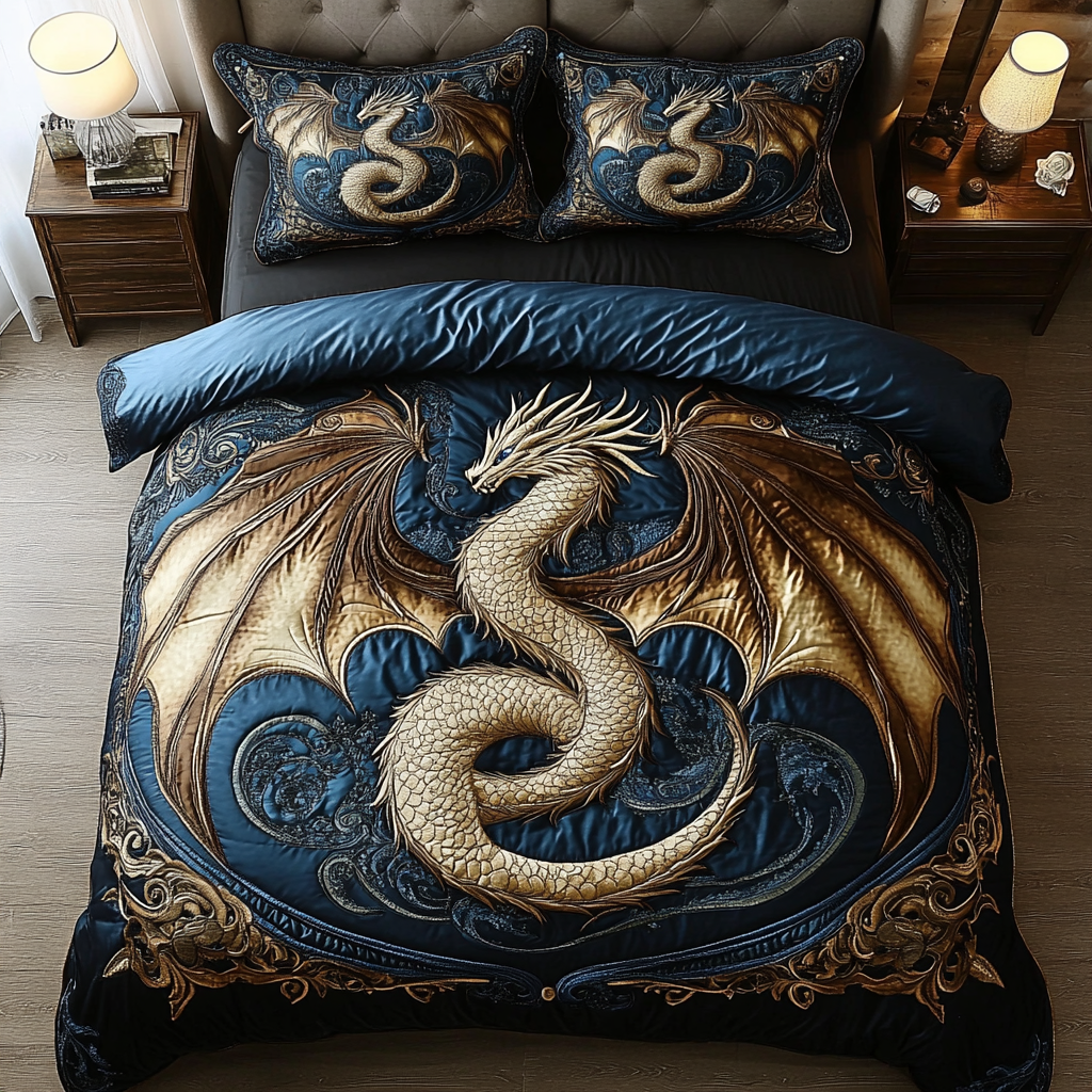 Dragon Wings Quilted Bedding Set Duvet Cover Merch Great Dragon Lover Gift Ideas
