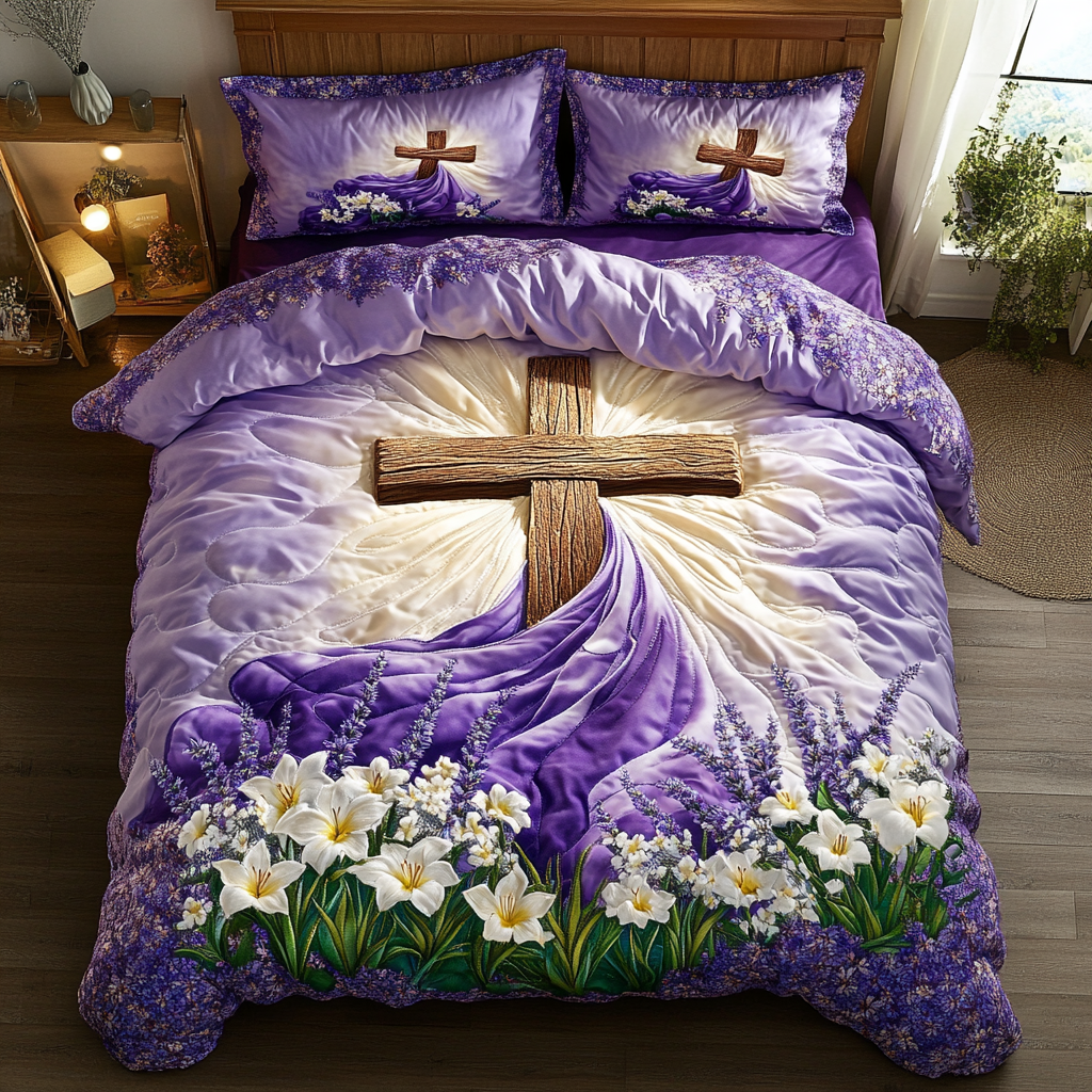 Elegant Cross Quilted Bedding Set Duvet Cover Merch Faith Gifts For Friends