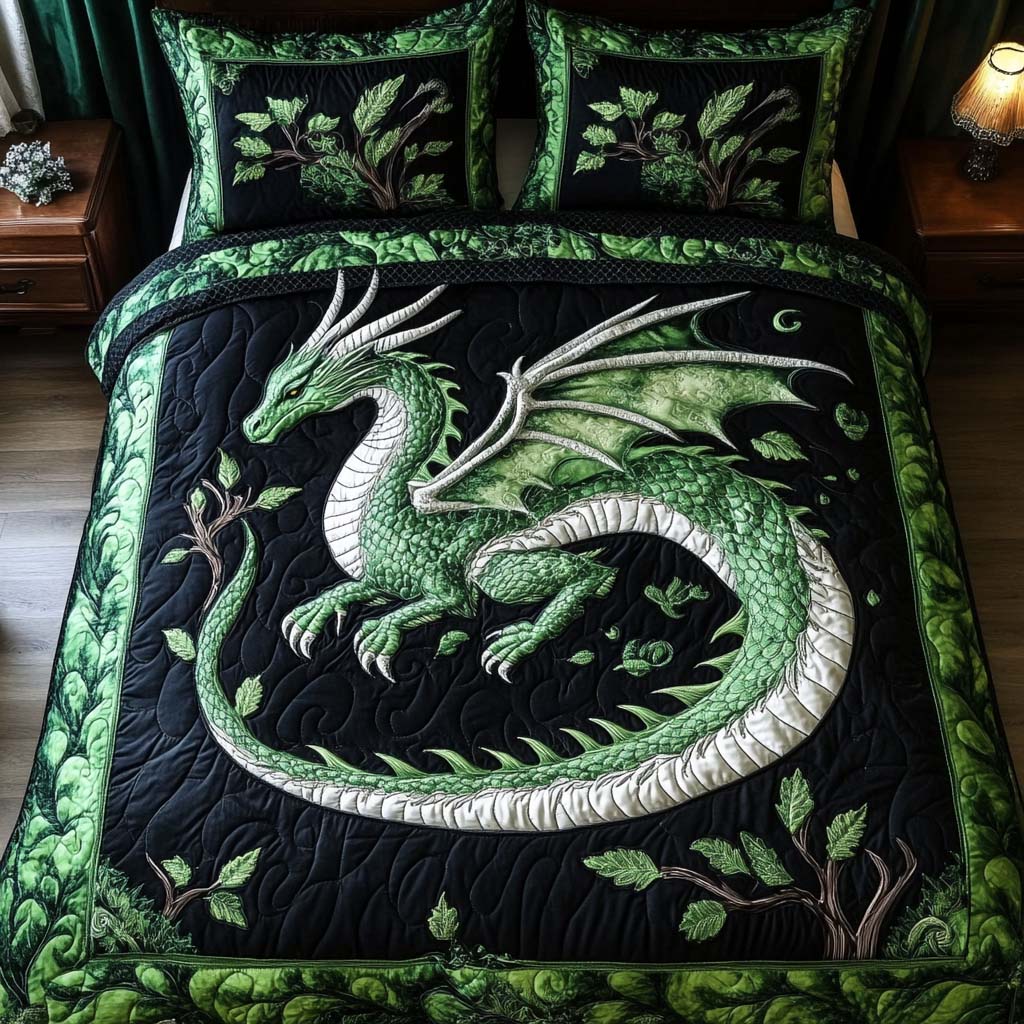 Emerald Wing Quilted Bedding Set Duvet Cover Bed Sheet Set Birthday Presents For Dragon Lovers Emerald Wing Quilted Bedding Set Duvet Cover Bed Sheet Set Birthday Presents For Dragon Lovers
