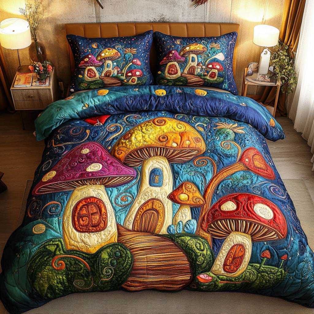 Enchanted Grove Quilted Bedding Set Duvet Cover Bed Sheet Set Gifts For Mushroom Lovers