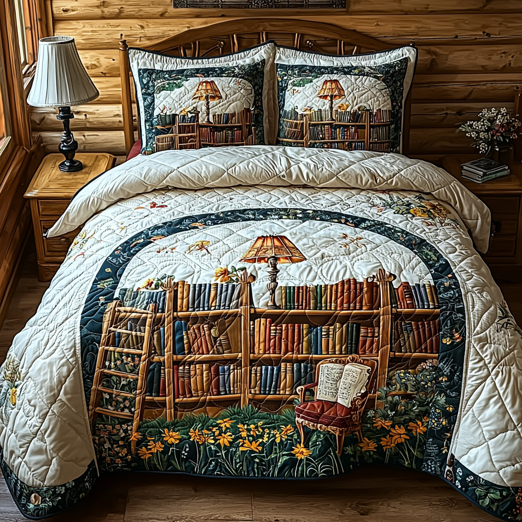 Enchanted Library Quilted Bedding Set Duvet Cover Merch Book Lovers Gifts For Boyfriend