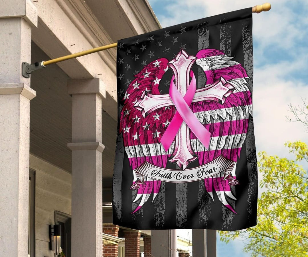 Faith Over Fear Pink Ribbon With Angel Wings American Flag Breast Cancer Flag Family Wall Art Faith Over Fear Pink Ribbon With Angel Wings American Flag Breast Cancer Flag Family Wall Art