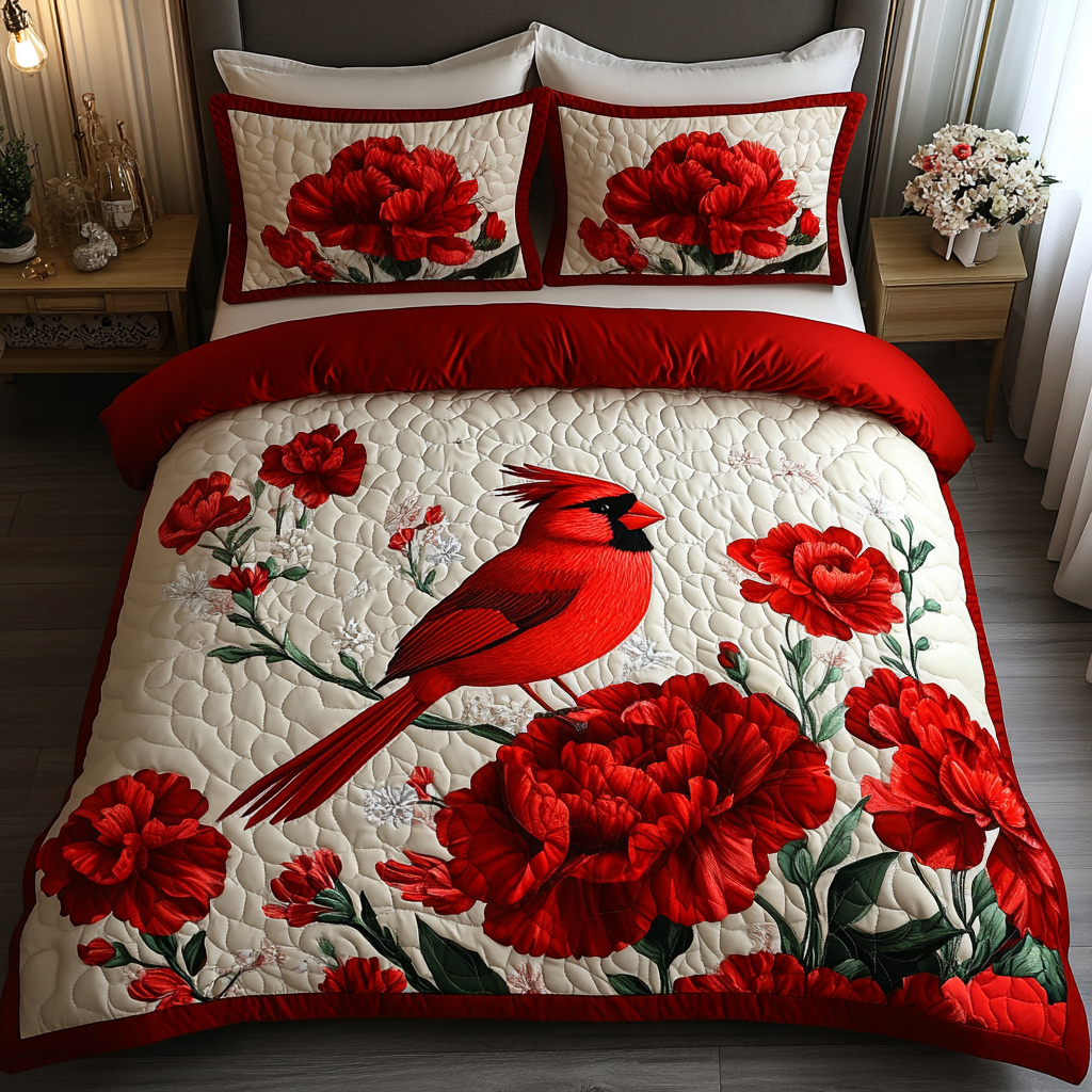 Feathered Blossom Quilted Bedding Set Duvet Cover Bedspread Red Cardinal Gifts For Mom