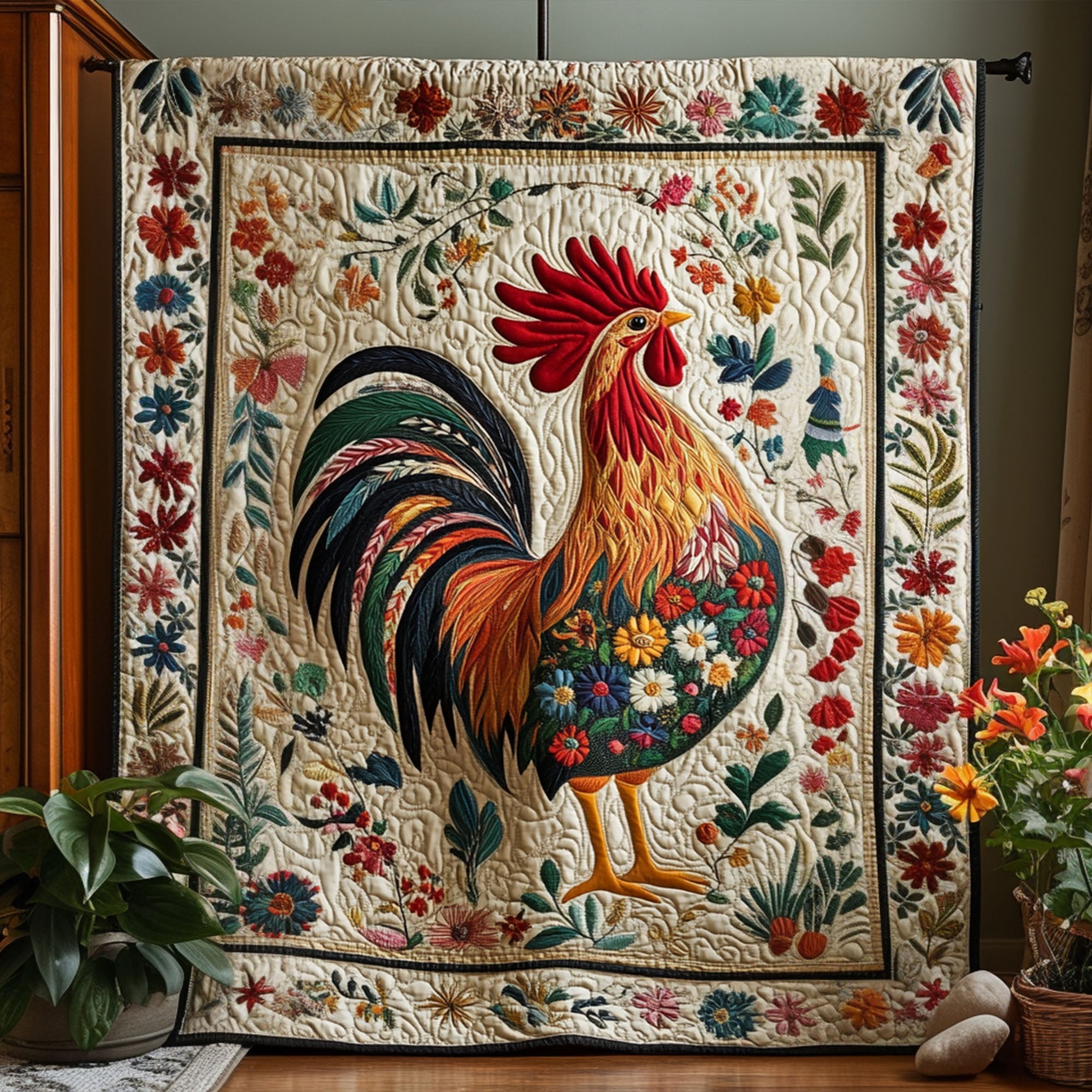 Feathered Folk Quilted Blanket Cute Colorful Blanket Chicken Themed Gifts Feathered Folk Quilted Blanket Cute Colorful Blanket Chicken Themed Gifts
