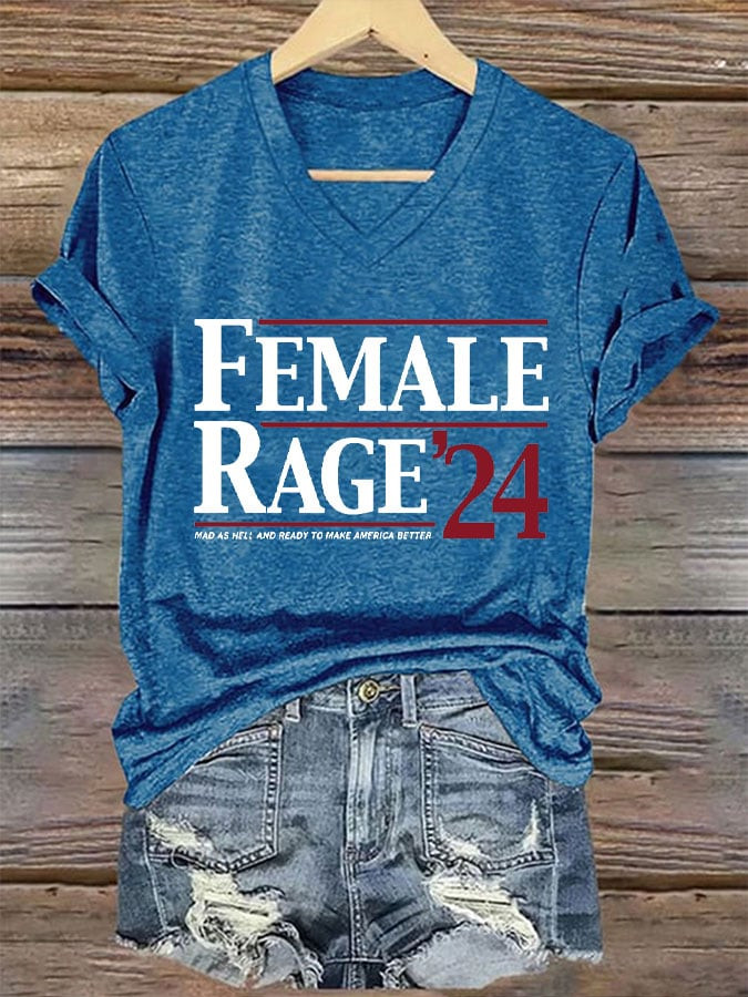 Female Rage 2024 V-Neck T-Shirt Mad 45 Hell And Ready To Make America Batter Political Apparel Female Rage 2024 V-Neck T-Shirt Mad 45 Hell And Ready To Make America Batter Political Apparel