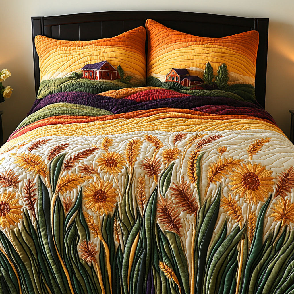 Field of Gold Quilted Bedding Set Duvet Cover Merch Sunflower Gift Items