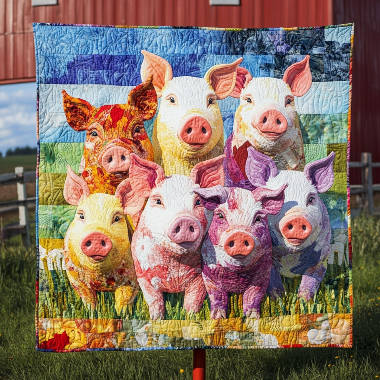 Fields of Cheerful Pigs Quilted Blanket Cute Colorful Blanket Pig Lovers Gifts For Her Fields of Cheerful Pigs Quilted Blanket Cute Colorful Blanket Pig Lovers Gifts For Her
