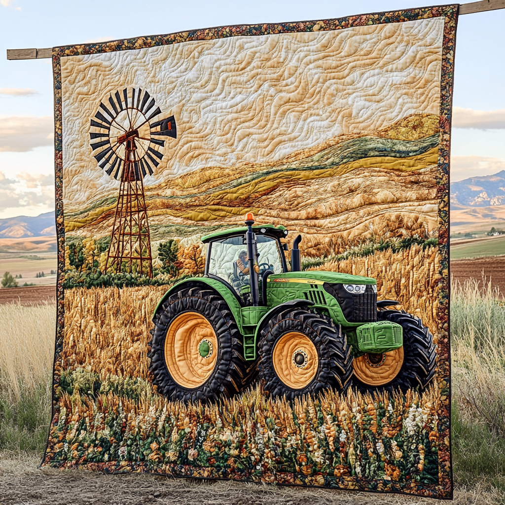 Fields of Green Quilted Blanket Cute Colorful Blanket Tractor Gifts For Him Fields of Green Quilted Blanket Cute Colorful Blanket Tractor Gifts For Him