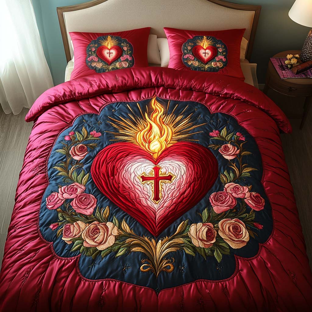 Flaming Heart Grace Quilted Bedding Set Duvet Cover Merch Christian Faith Gifts