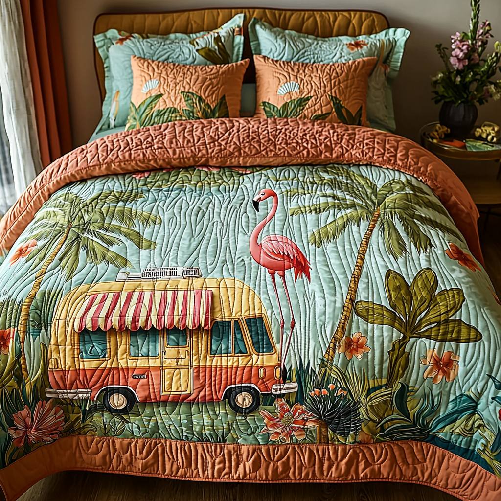Flamingo Camping Quilted Bedding Set Duvet Cover Merch Flamingo Themed Gift Items Flamingo Camping Quilted Bedding Set Duvet Cover Merch Flamingo Themed Gift Items