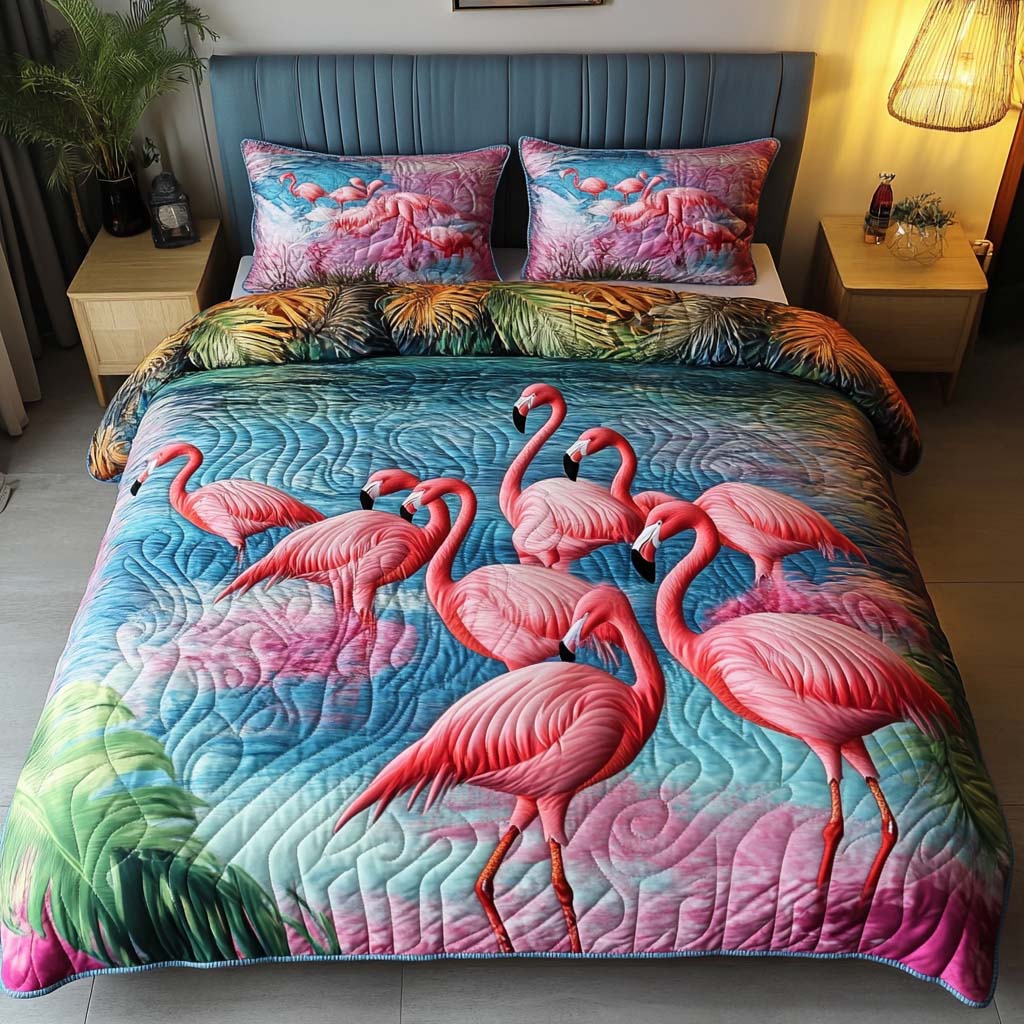 Flamingo Paradise Quilted Bedding Set Duvet Cover Merch Flamingo Based Gifts Flamingo Paradise Quilted Bedding Set Duvet Cover Merch Flamingo Based Gifts