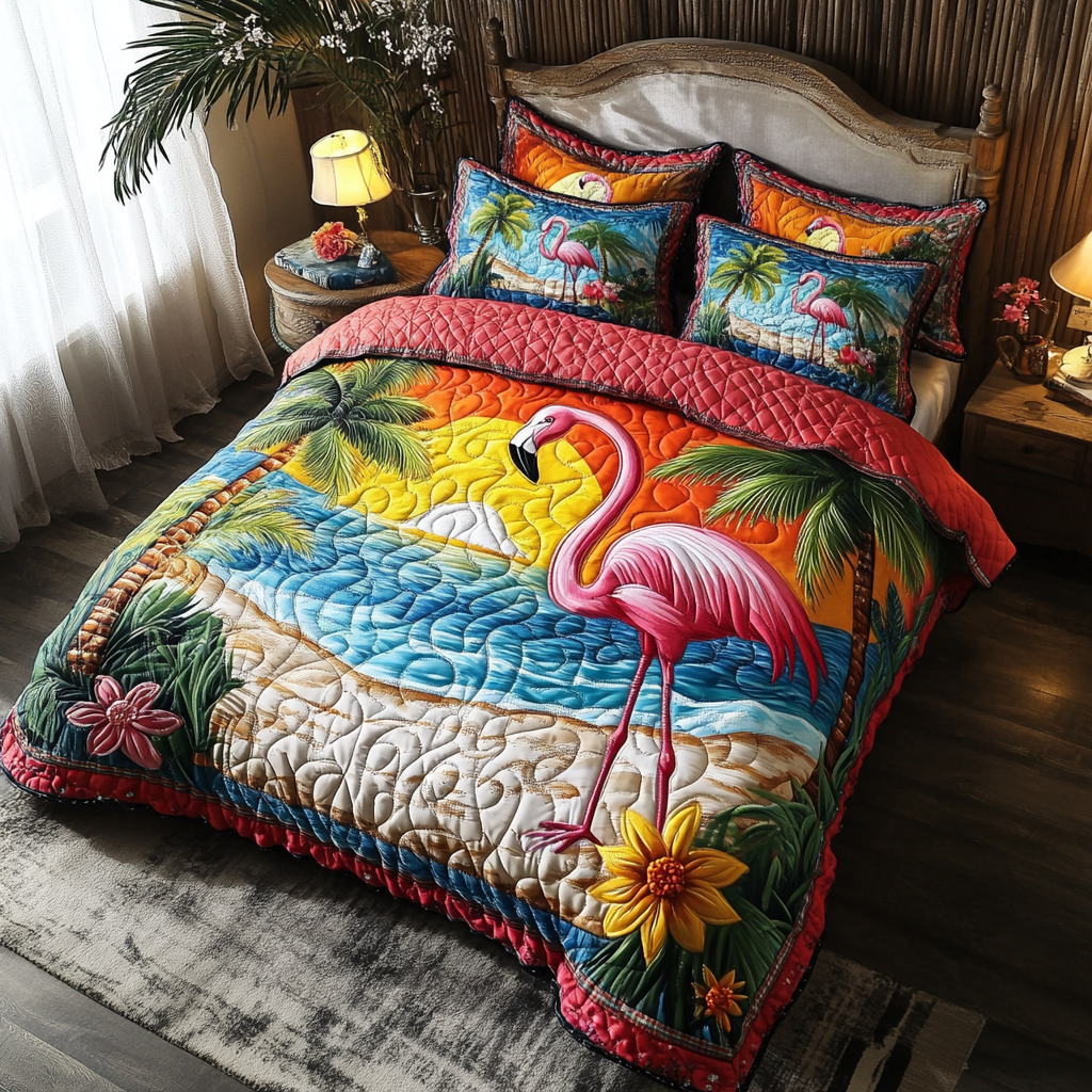 Flamingo Sunset Quilted Bedding Set Duvet Cover Bed Sheet Set Christmas Presents For Beach Lovers Flamingo Sunset Quilted Bedding Set Duvet Cover Bed Sheet Set Christmas Presents For Beach Lovers