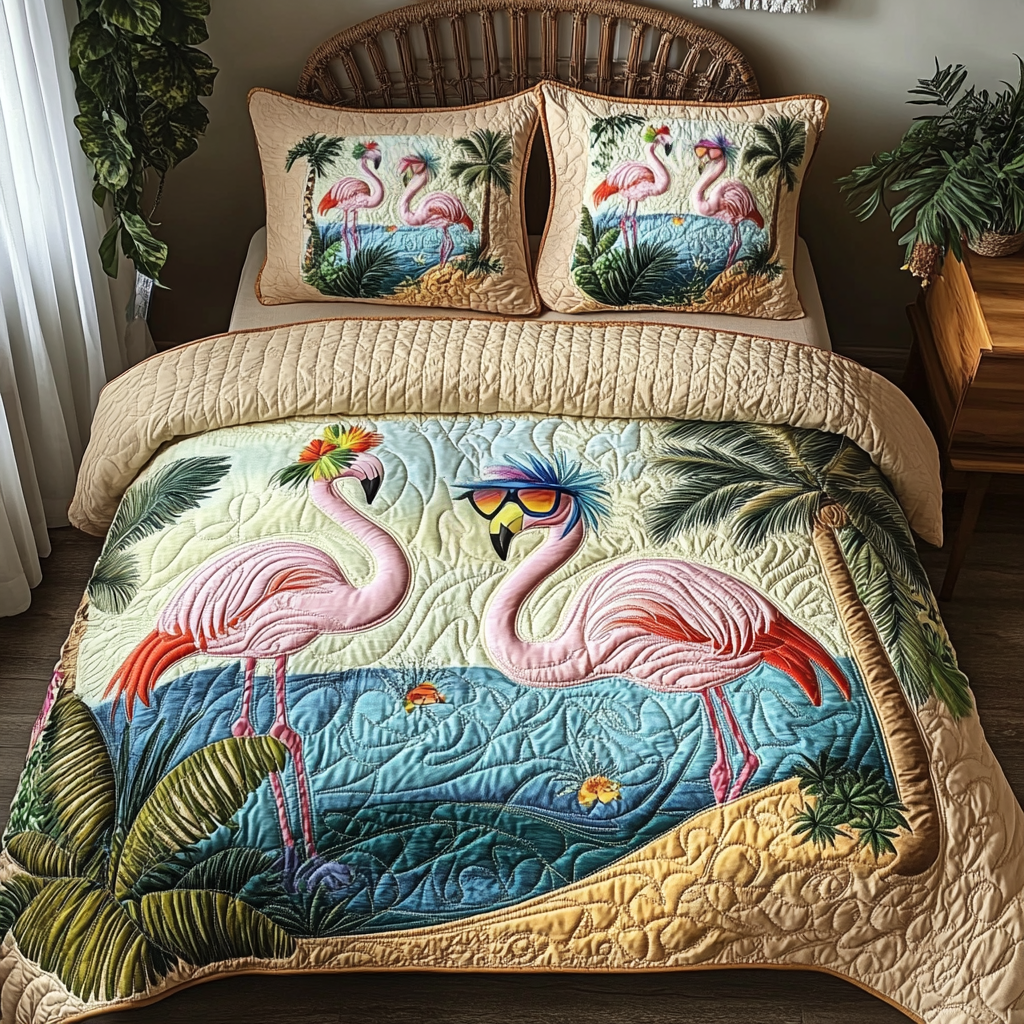 Flamingo Vibes Quilted Bedding Set Duvet Cover Bedspreads FlamingoGifts For Ladies