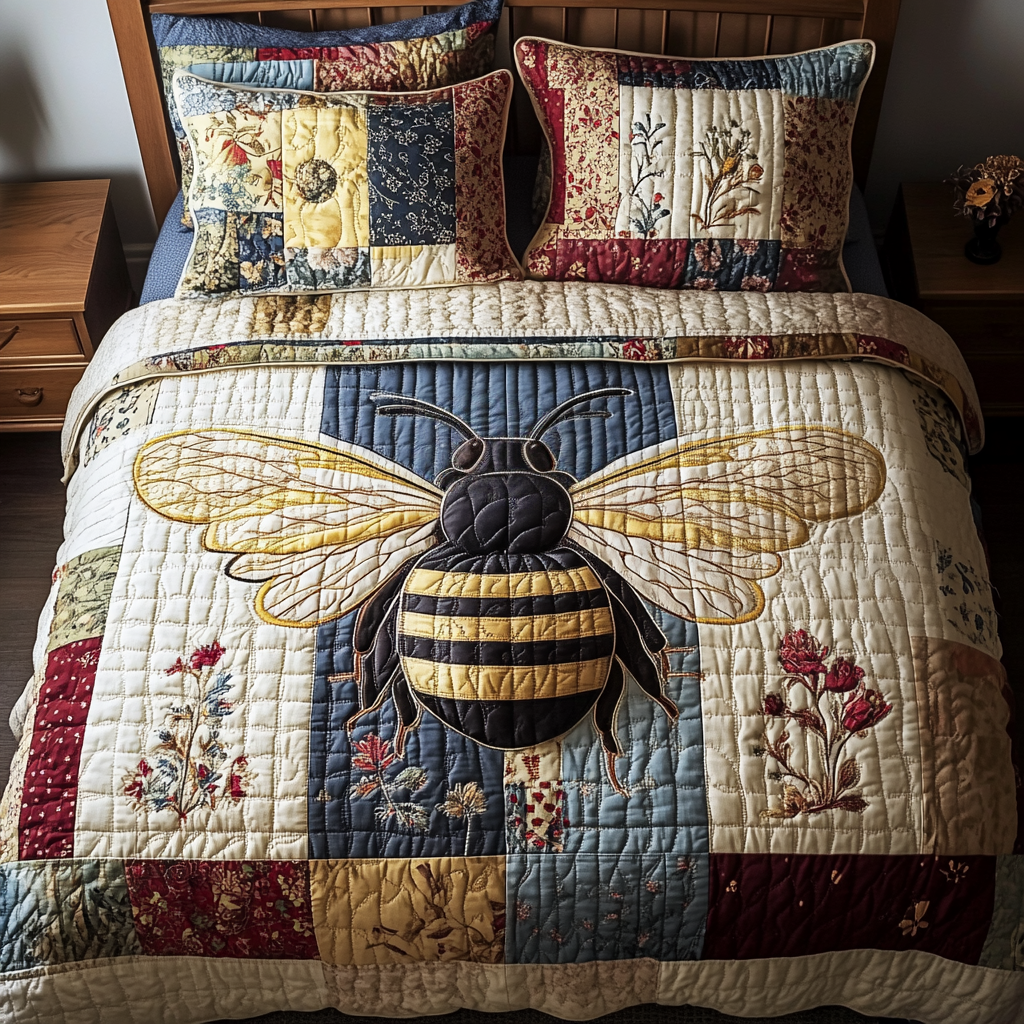 Floral Bee Bliss Quilted Bedding Set Duvet Cover Merch Present Ideas For Bee Lovers
