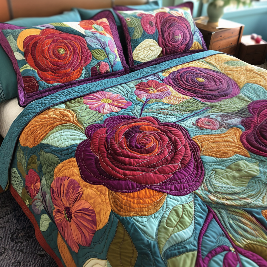 Floral Charm Quilted Bedding Set Duvet Cover Bed Sheet Set Rose Themed Gifts Items