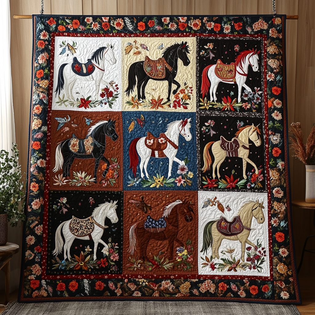 Floral Ride Quilted Blanket Cute Throw Blanket Unique Equestrian Gifts