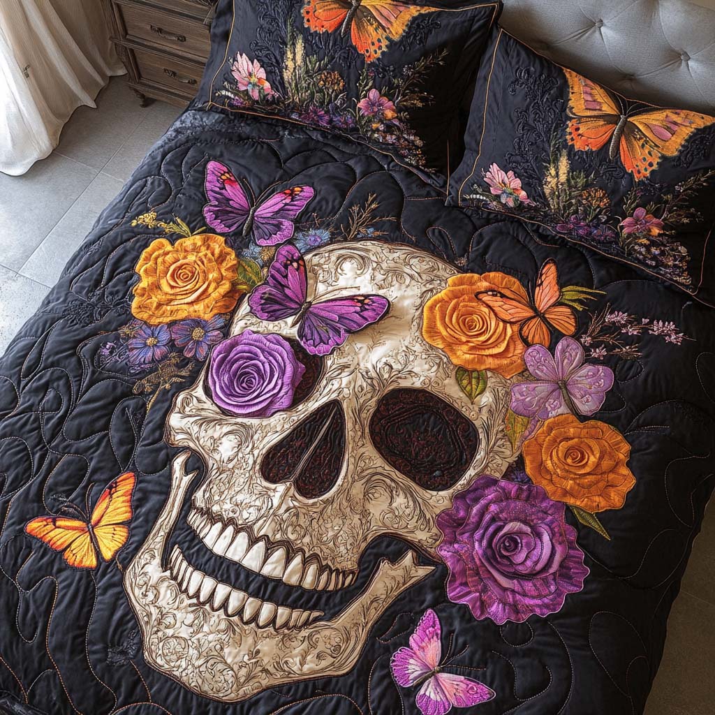 Floral Shadows Quilted Bedding Set Duvet Cover Bed Sheet Set Sugar Skull Related Gifts