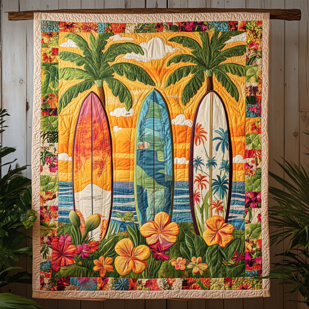 Floral Surf Vibes Quilted Blanket Cute Colorful Blanket Presents For Ocean Lovers Floral Surf Vibes Quilted Blanket Cute Colorful Blanket Presents For Ocean Lovers