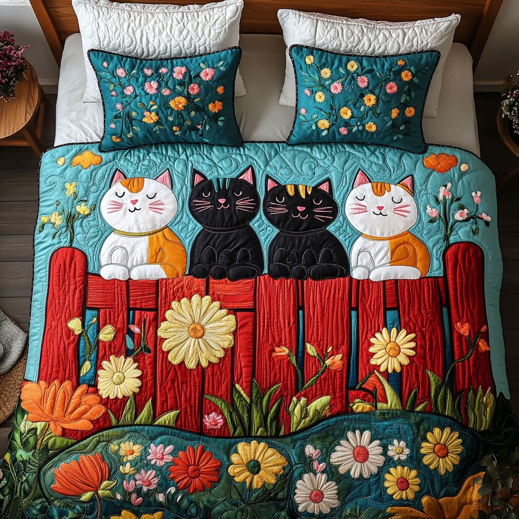 Floral Trio Cats Quilted Bedding Set Duvet Cover Bedspreads Cat Gift Shops